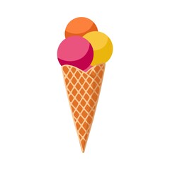 Cartoon bright ice cream in a waffle cone. Three balls. Isolated icon for the summer menu. Minimal elegant illustrations