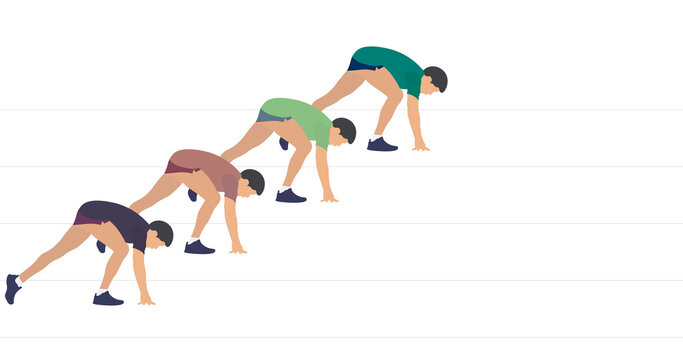 Men sprinters run on track stadium in athletics competition. Vector illustratio.