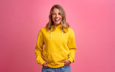 young pretty blonde woman cute face expression posing in yellow hoodie