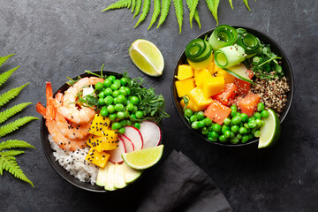 Poke bowls with shrimps, salmon, avocado and mango