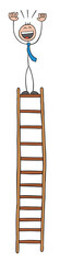 Stickman businessman character at the top of the ladder and very happy, vector cartoon illustration