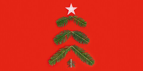 Naklejka na ściany i meble Creative Christmas tree from pine branches, natural green New Year fir tree Minimal layout.