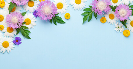 Various garden flowers over blue background