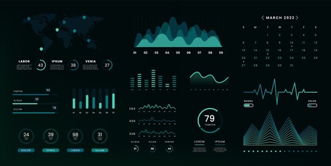 UI infographic data screen. Admin panel with graphs charts diagrams statistics, futuristic user interface. Vector design