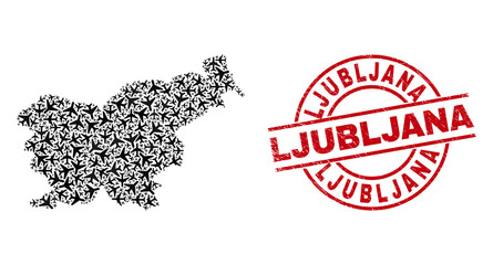 Ljubljana rubber seal, and Slovenia map collage of air plane elements. Collage Slovenia map designed from airplanes. Red seal with Ljubljana word, and distress rubber texture.