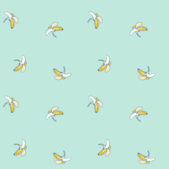 背景イラスト）インクの手描きバナナ柄・シームレスパターン（エメラルドグリーン）