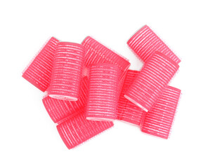 Hair curlers isolated on white, top view. Styling tool