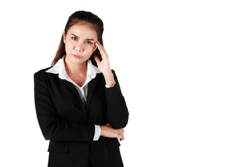 Fototapeta premium Asian woman wearing black suit holding hand Show headache. Businesswoman showing enough symptoms in white background. Concept Tense serious dissatisfied.