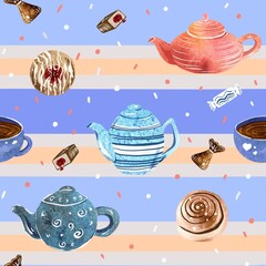 Seamless pattern with teapots, teacup and sweets . Perfect for home interior or scrapbooking