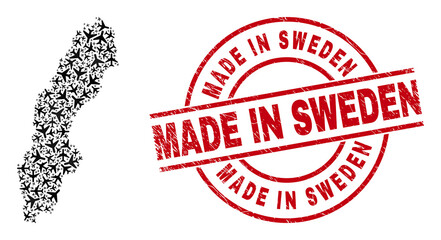 Made in Sweden distress stamp, and Sweden map mosaic of airplane items. Mosaic Sweden map designed using aviation items. Red stamp with Made in Sweden text, and distress rubber texture.