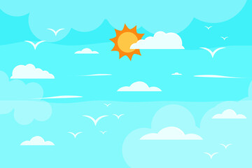 Cartoon image in summer, the sky is full of bright clouds, the shining sun And birds flying in the sky Summer Scenery Background Vector Illustration.