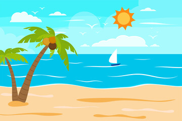 Cartoon summer beach, seaside natural vacation, tropical beach, seaside scenery background vector illustration