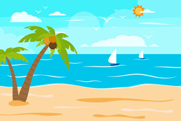 Cartoon summer beach, seaside natural vacation, tropical beach, seaside scenery background vector illustration