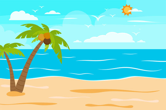 Cartoon summer beach, seaside natural vacation, tropical beach, seaside scenery background vector illustration