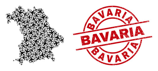 Bavaria scratched badge, and Bavaria Land map collage of aircraft elements. Collage Bavaria Land map created of air force symbols. Red stamp with Bavaria caption, and scratched rubber texture.