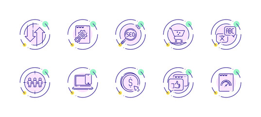 10 in 1 vector icons set related to seo link optimization theme. Violet lineart vector icons