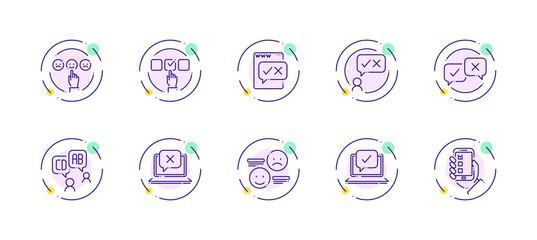 10 in 1 vector icons set related to business survey theme. Violet lineart vector icons