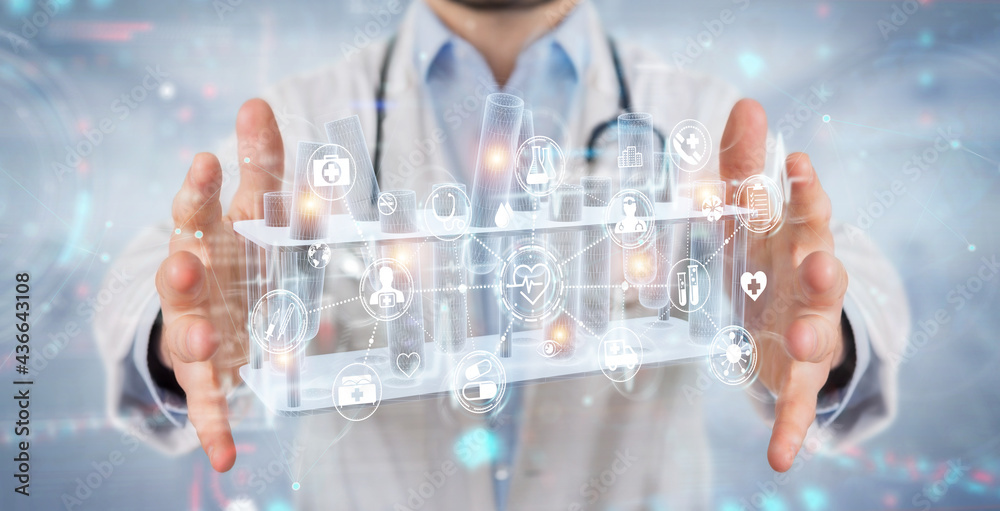 Poster researcher holding and touching medical analysis in tubes samples 3d rendering