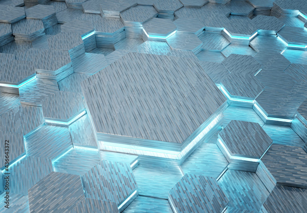 Aufkleber Glowing white and blue hexagons podium background pattern. Hexagonal metal surface with lights and reflections. 3D rendering