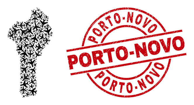 Porto-Novo grunge stamp, and Benin map collage of air plane items. Mosaic Benin map created with air force symbols. Red stamp with Porto-Novo caption, and grunge rubber texture.