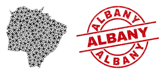 Albany rubber seal, and Mato Grosso do Sul State map collage of air force elements. Collage Mato Grosso do Sul State map constructed of aeroplanes. Red seal with Albany text,