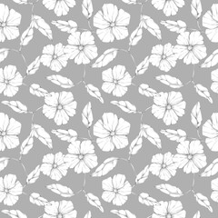 Graphic flowers and leaves seamless pattern on grey background. Hand drawn monochrome black and white vintage botanical print. Floral design element, decoration, background.