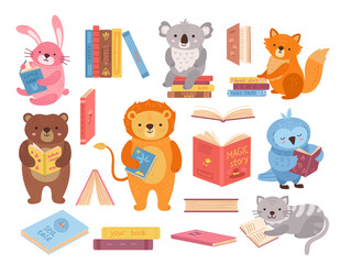 Cute animals with books. Animal read, book stacks. School study characters, bird rabbit bear in library. Children education exact vector set