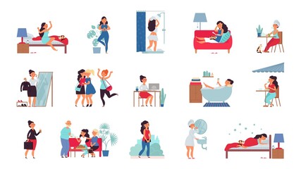Girl daily life. Eating, hygiene in bathroom work. Woman meets friends, lifestyle routine. Cartoon female with family, on shopping or cafe decent vector set