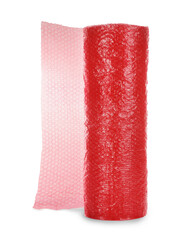 Red bubble wrap roll isolated on white