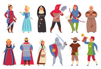 Fototapeta na wymiar Medieval characters. Flat knight, man king and princess. Cute boy, actors in costumes. Cartoon peasant archer, decent historical vector persons