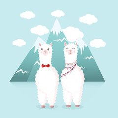 Cute couple in love with llama and alpaca on the background of mountains and clouds. Vector illustration for greeting card, poster, texture, textile, decor. Cartoon character alpaca.