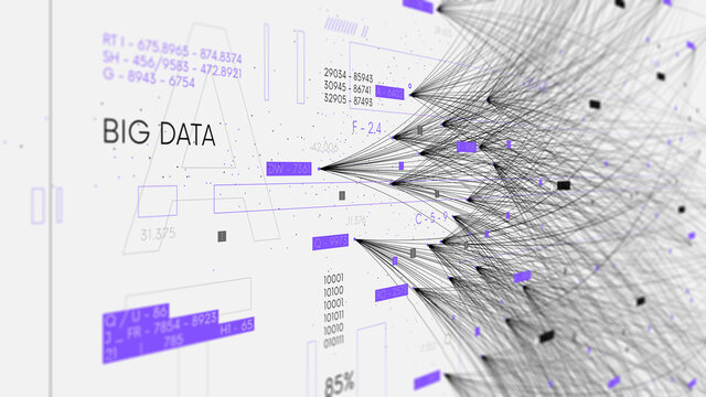 Communication system and visualization of data analysis, information flow and sorting by artificial intelligence, business presentation, monitor screen in perspective