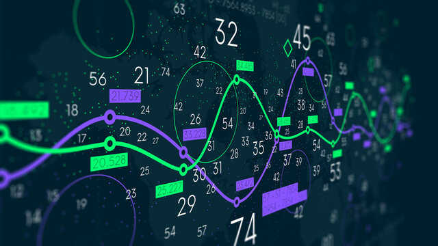 Financial graph visualization, stock index business analytics, profit and loss curves, creative concept for financial presentation, monitor screen in perspective