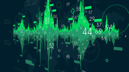 Information graph big data of financial resources, hi-tech digital technology frequency wave diagram, creative concept for financial presentation, monitor screen in perspective