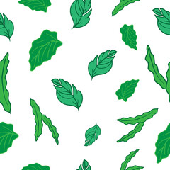 seamless pattern with green leaf on white background. beautiful leaves illustration. hand drawn vector. doodle art for wallpaper, backdrop, wrapping paper, fabric, textile, poster. nature background. 