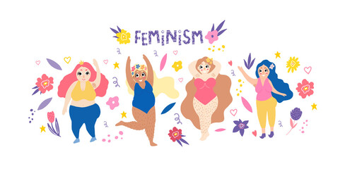 Set with women plus size. The ballerina is dancing. The girl does gymnastics. Stylish plump girl is engaged in sports, meditation. Feminism. Doodle style. Body positive.