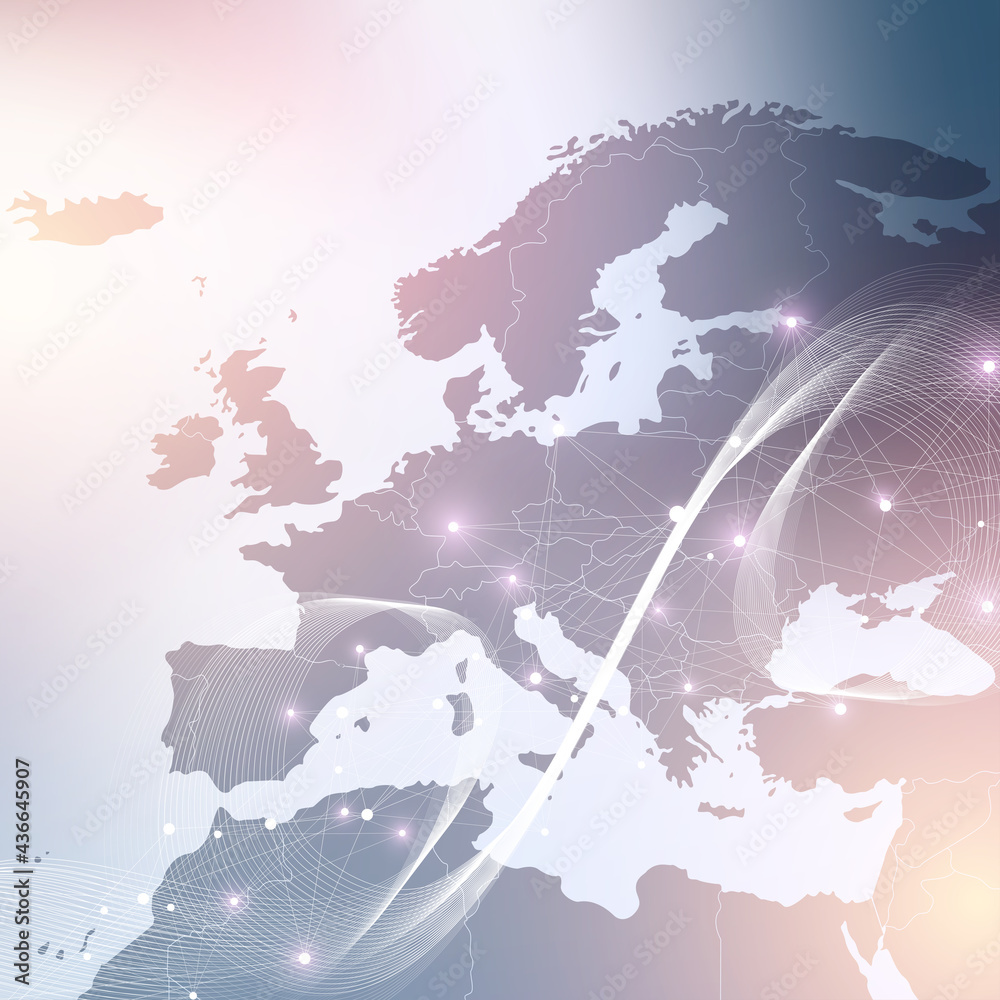 Poster World map global technology networking concept. Digital data visualization. Lines plexus. Big Data background communication. Scientific illustration.