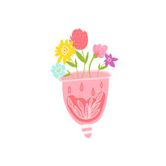 A menstrual cup with blood and flowers. Design of advertising for the sale of menstrual cups. Hygienic latex vessel for helping women during critical days. Women's gynecology.