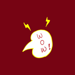 speech bubble with yellow thunderbolt on red background. hand drawn lettering-WOW. funny expression for surprise. comic book style. doodle art for logo, label, cover, poster, banner, sticker, clipart.