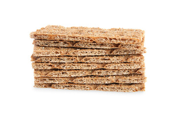 Pieces of crunchy rye crispbreads on white background