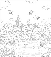 Fototapeta premium Angry mosquitoes flying and humming around a small pond in a summer park of a pretty town, black and white outline vector cartoon illustration for a coloring book page