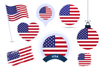 us america flag vector collection. big set of national flag design elements in different shapes for public and national holidays in flat style.