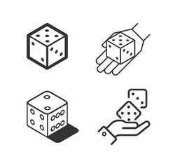 Dice in hand vector linear icon set.
