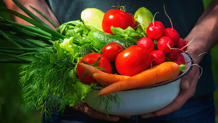farmer in blue clothes holds ripe vegetables in his hands. Carrots, pink radishes, zucchini, cucumber, onions. No plastic, no waste, ecology