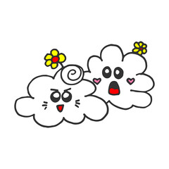 cute character of clouds isolated on white background. kawaii cloud, hand drawn vector. doodle art for kids, logo, label, clipart, sticker, cover, poster, banner. funny emoticon, cartoon concept. 