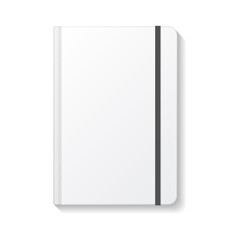Blank white book or notebook rounded edges with black elastic top view mockup template.