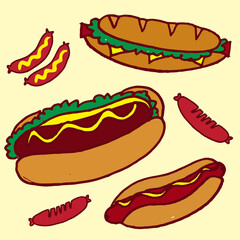 set of fast food illustration. sandwich, hotdog and grilled sausage. delicious food with lettuce, cheese and mustard. hand drawn vector. doodle food art for wallpaper, sticker, clipart, logo, poster.