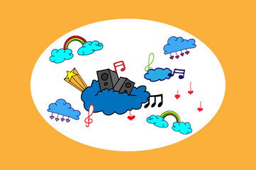 music illustration with speaker, rainbow, notes, clouds and hearts. hand drawn vector. colorful card for kids. doodle art for wallpaper, cover, poster, greeting, invitation, banner, backdrop, postcard