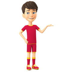 Cartoon character boy in a sports background shows an empty hand. 3D rendering.