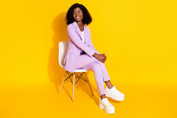 Full size photo of young beautiful cheerful dreamy businesswoman sit chair look copyspace isolated...
